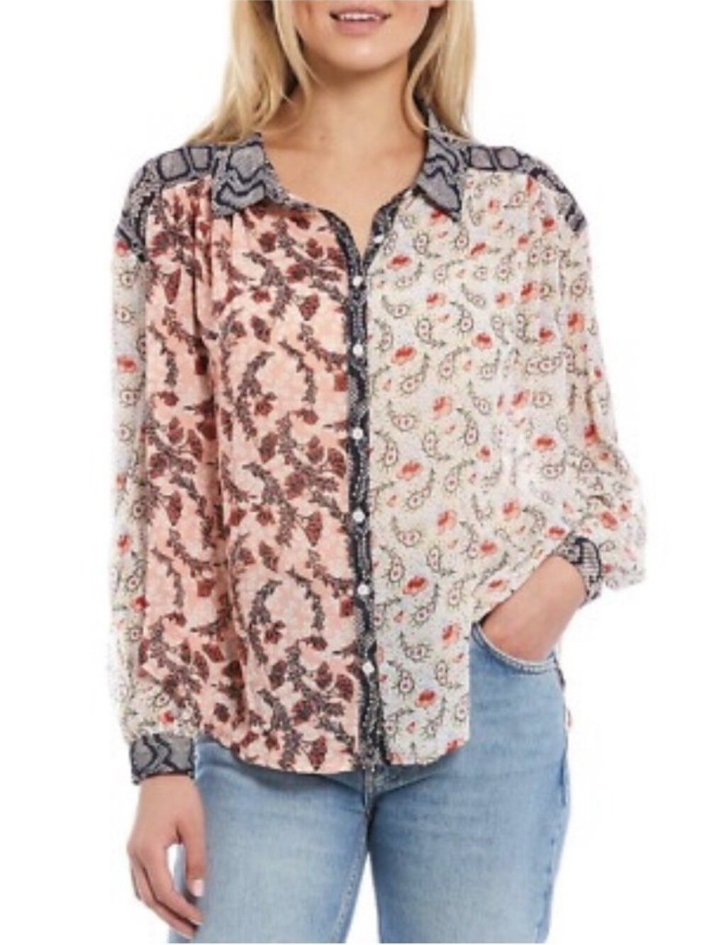 Free People Women's Sz Xs Dani Combo Pink Red Paisley Floral Oversize Blouse